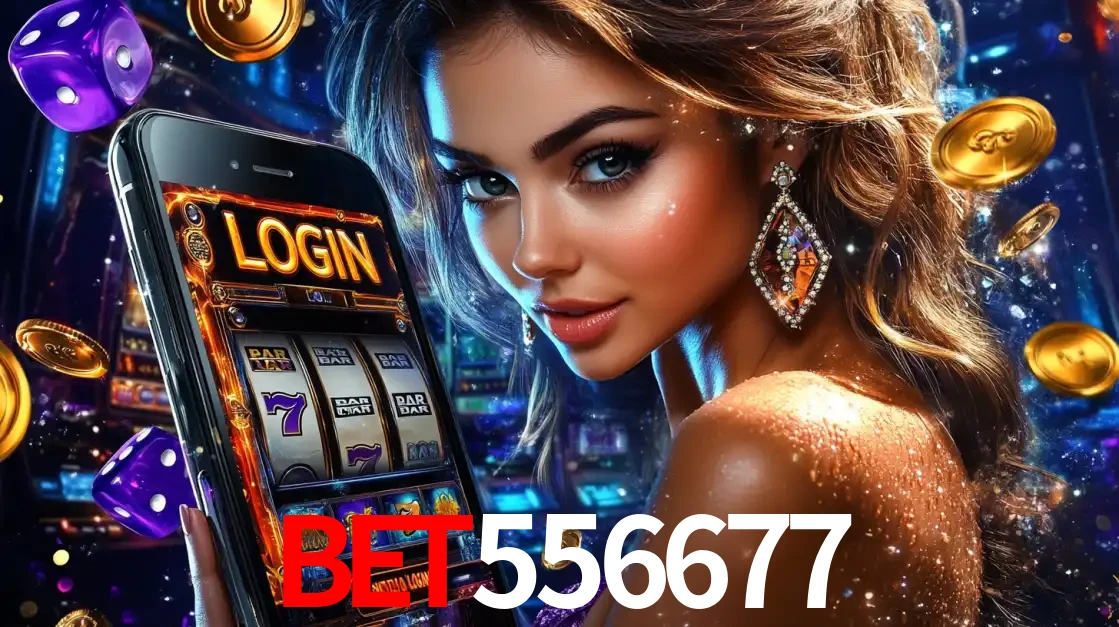 Mulher glamorosa segurando um smartphone com a tela de login para os jogos de caça-níqueis do cassino online bet556677, com moedas de ouro e dados ao redor.