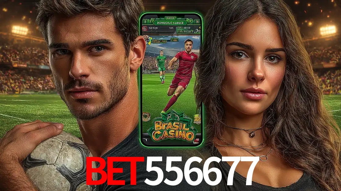Homem segurando uma bola de futebol e uma mulher ao lado de um smartphone exibindo o jogo de apostas esportivas da bet556677. Faça seu palpite no cassino online.